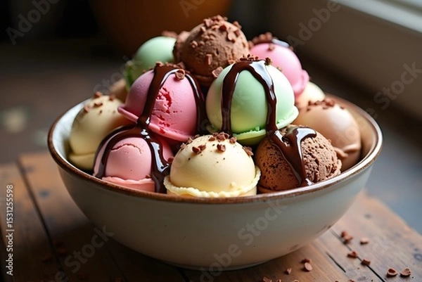 Fototapeta Delicious assortment of colorful ice cream scoops in a bowl drizzled with chocolate sauce