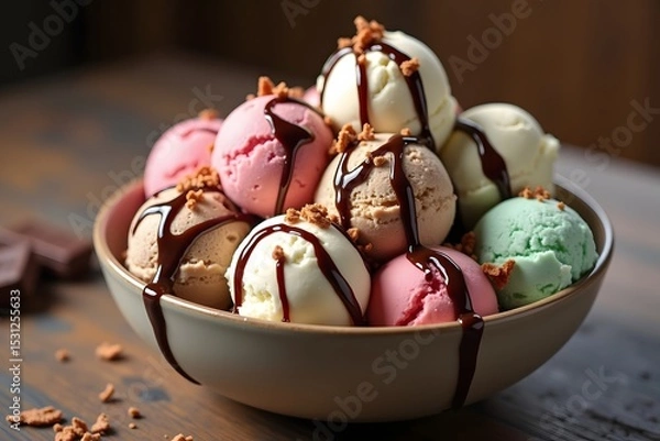 Fototapeta Delicious assortment of ice cream scoops in a bowl drizzled with chocolate syrup