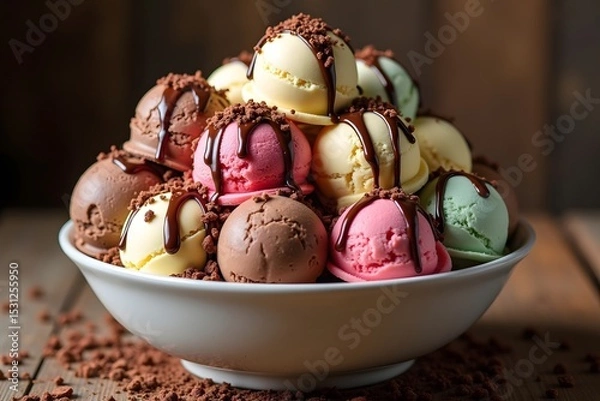 Fototapeta A delicious pile of ice cream scoops with chocolate sauce and crumbs in a bowl