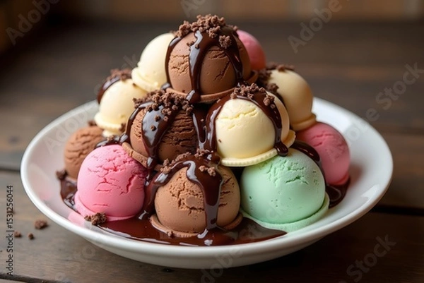 Fototapeta Delicious multi flavored ice cream sundae with chocolate drizzle and crumbled toppings