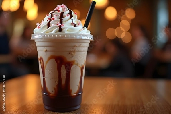 Fototapeta Delicious coffee frappe with whipped cream and chocolate syrup ready to enjoy.