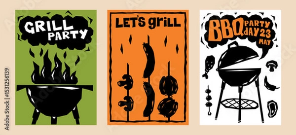 Fototapeta Barbeque party. BBQ grill invite flyer. Vintage cookout banner with fire flame. Summer picnic. Meat steak and vegetable roasting. Silhouette barbecue and cook. Vector event posters set
