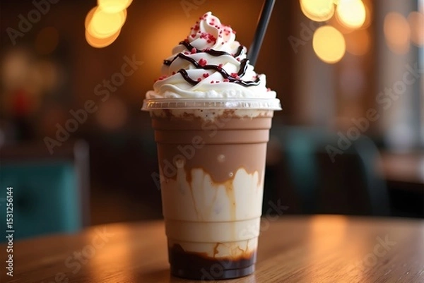 Fototapeta Delicious layered milkshake with whipped cream and chocolate syrup on a wooden table setting