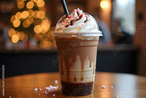 Fototapeta Delicious peppermint mocha frappe with whipped cream and crushed candy on a wooden table