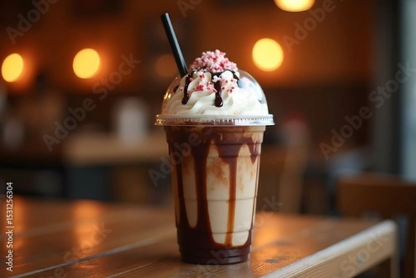 Fototapeta Delicious chocolate milkshake with whipped cream and sprinkles in a cafe setting