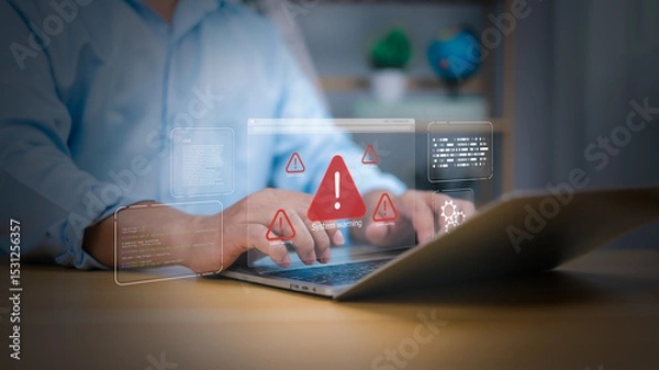 Obraz Cybersecurity, virus protection, Hand on laptop with holographic System warning and red alert icons. Symbolizes cyber threats, data security breaches, and IT system errors. digital risk management now