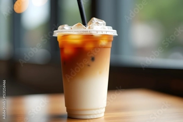 Fototapeta Refreshing iced latte coffee drink in a plastic cup with ice cubes and straw