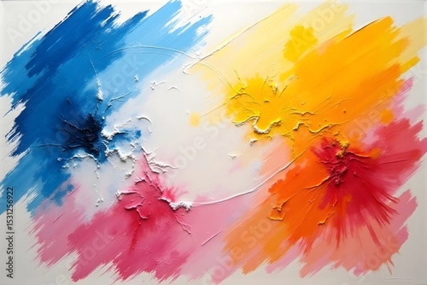 Fototapeta Abstract oil painting with bold brushstrokes of colorful hues across a white canvas.