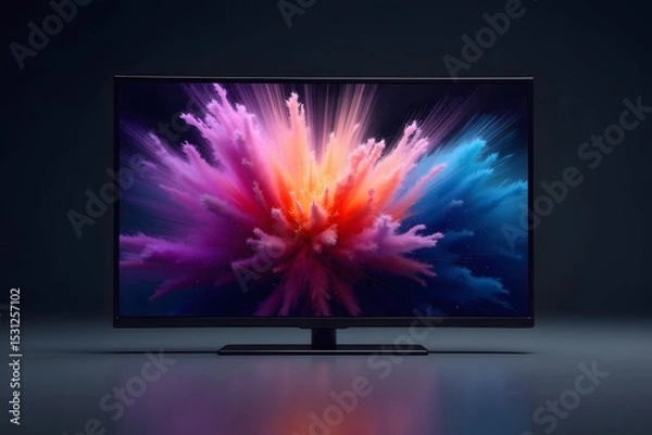 Fototapeta Modern smart tv displaying vibrant abstract colorful explosion on dark background