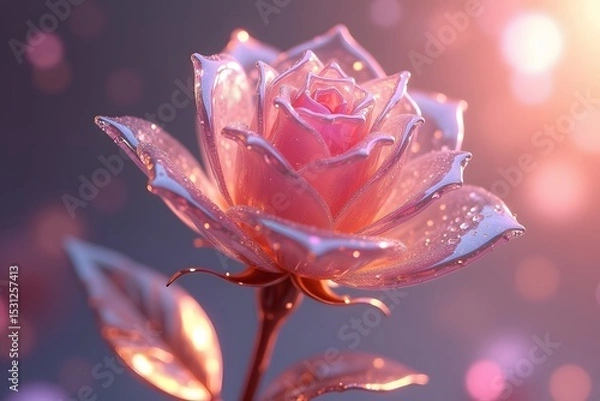 Fototapeta Elegant artistic close-up of a glowing pink glass rose with sparkling details and bokeh.