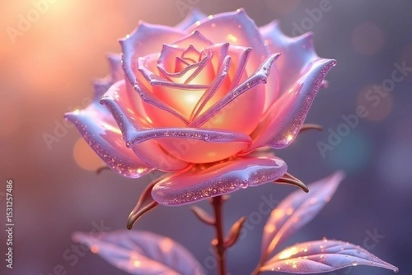 Fototapeta Close-up of a beautiful pink and purple rose with sparkling glittery effects and soft lighting