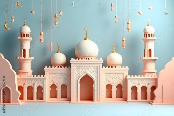 Fototapeta Festive 3d illustration of a mosque with hanging lanterns and crescent moons