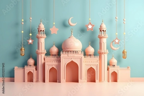 Fototapeta Beautiful 3d render of a pink mosque with festive decorations against a blue backdrop