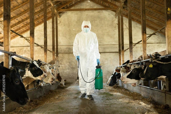 Fototapeta A man in a white protective suit disinfects a barn, ensuring a safe and healthy environment for the cows in the barn