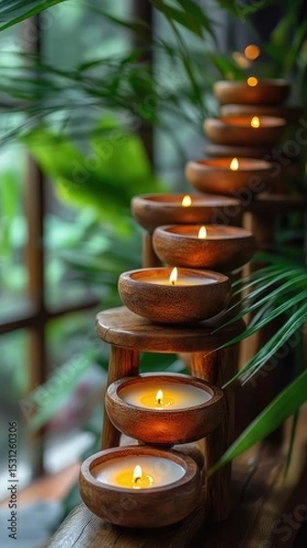 Fototapeta Wooden candle holders in a cascading arrangement