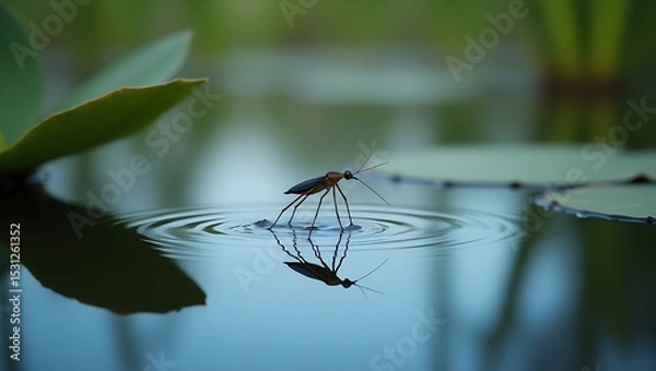 Fototapeta A slender water strider glides effortlessly across the smooth surface of a still pond, creating gentle ripples around its legs.