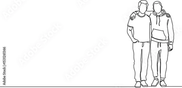 Obraz continuous single line drawing of two male friends placing arms around each others shoulders, line art vector illustration