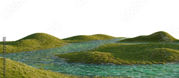 Fototapeta Stylized green hills with river stream and natural lighting. 3D rendering.