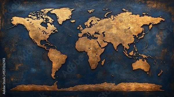 Fototapeta World map, embossed, copper-toned, dark background