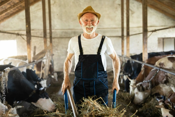 Fototapeta A joyful farmer stands in a barn, showcasing his connection with cows and traditional farming practices using hay.
