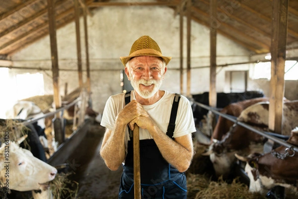 Fototapeta A joyful farmer stands among cows in a rustic barn, showcasing the connection between humans and nature in agriculture.