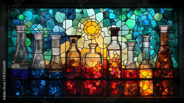 Fototapeta Colorful stained glass window depicting various laboratory glassware.