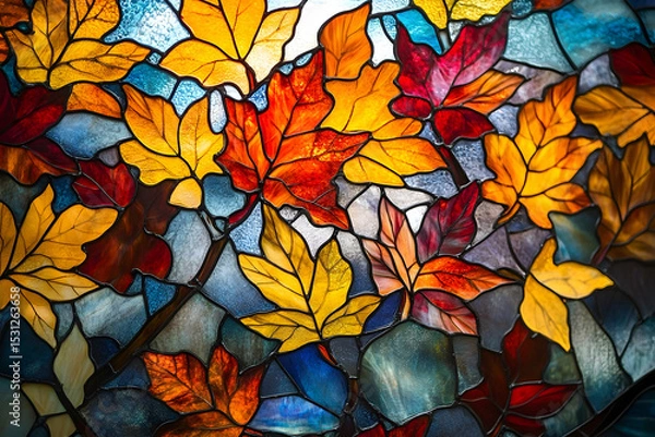 Fototapeta Multicolored stained glass design of autumn leaves.