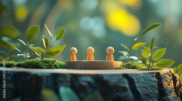 Fototapeta Small wooden figures on a tree stump surrounded by greenery.