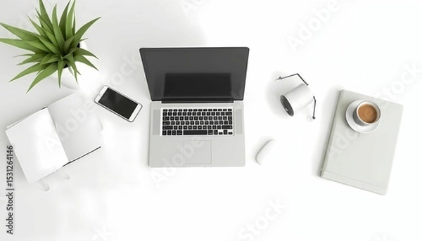 Fototapeta 3d modern office workspace top view with minimal decor