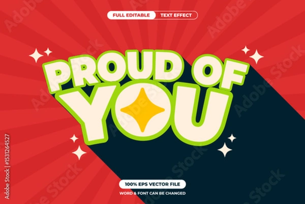 Fototapeta heerful “PROUD OF YOU” text with green outline and long shadow on red burst background. Editable EPS vector perfect for encouragement, congratulations, and positive content