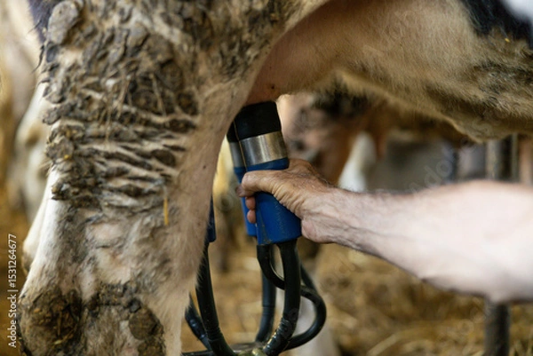 Fototapeta A close-up of a hand operating milking equipment attached to a cow, highlighting the connection between farmer and animal.