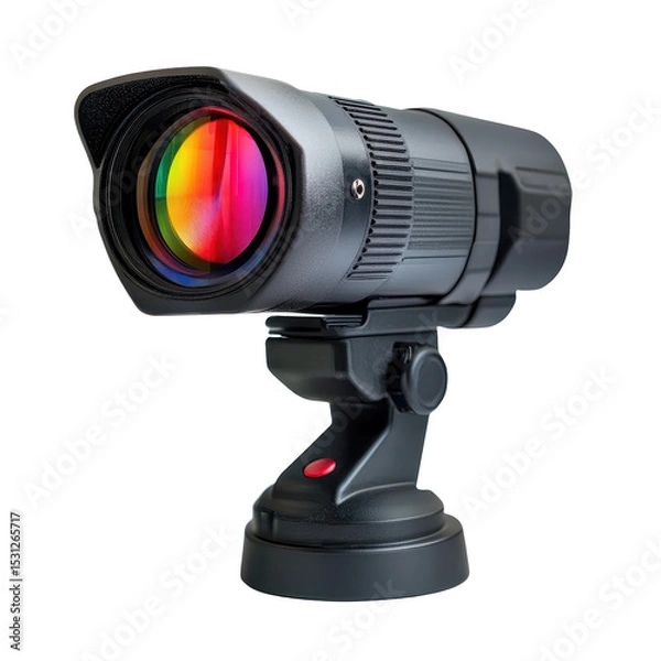 Fototapeta High-quality video camera lens with rainbow reflection in studio setting for creative projects