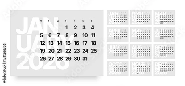 Fototapeta Monthly calendar layout for 2026 year. Minimalistic Diary for 2026 year. Week Starts on Monday. 