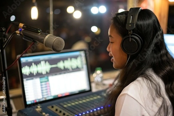 Obraz Young woman singing into a microphone at a party while people watch her performance on digital screens and mobile phones