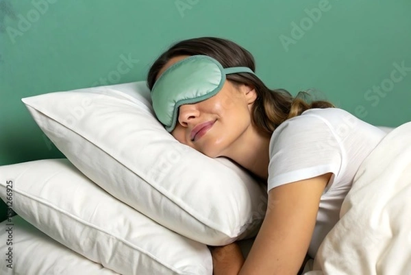 Obraz Portrait of a beautiful young woman smiling and relaxing on a bed, enjoying a peaceful morning at home