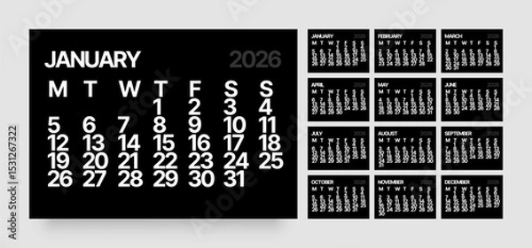 Fototapeta Monthly calendar layout for 2026 year. Minimalistic Diary for 2026 year in dark color. Week Starts on Monday. 