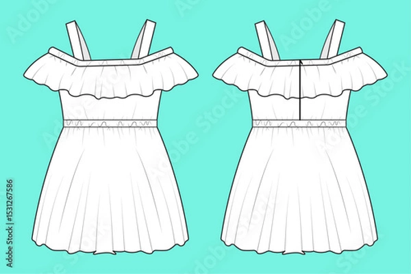 Fototapeta Baby girls strap belt party Dress technical drawing fashion flat sketch vector illustration template front and back views outline CAD mockup.