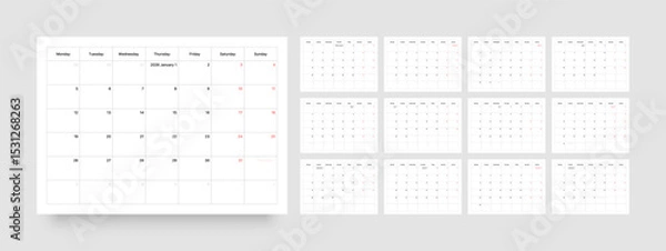 Fototapeta Monthly calendar layout for 2026 year. Minimalistic Diary planner for 2026 year. Week Starts on Monday. 