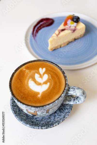 Obraz Close up shot of hot coffee latte art on wood table in cafe