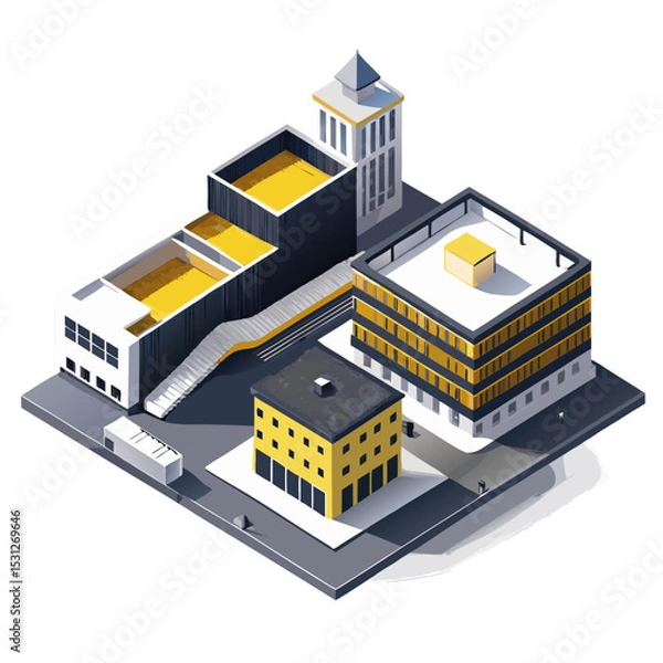 Fototapeta vector of a modern high school with sports field, multiple buildings, and pathways in isometric perspective, white background
