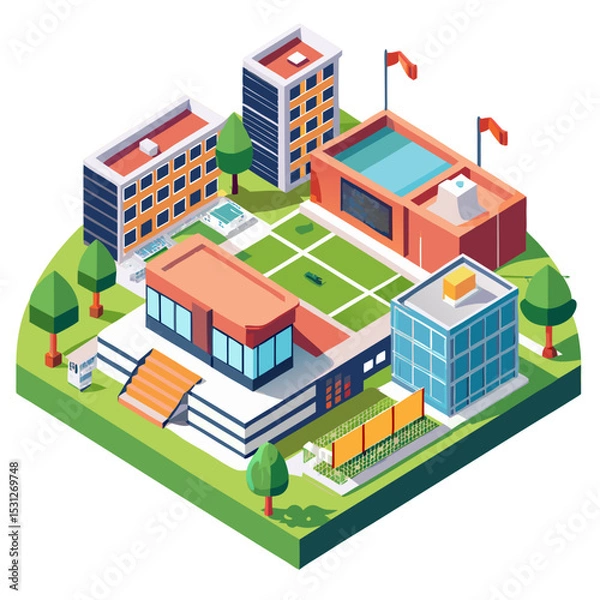 Fototapeta vector of a modern high school with sports field, multiple buildings, and pathways in isometric perspective, white background
