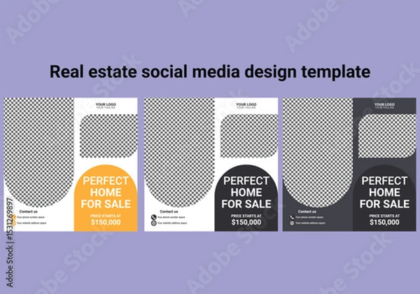 Obraz Real estate social media template design. Modern banner design with place for the photo. Usable for social media feed and story.