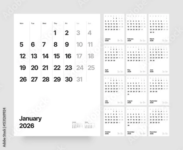 Fototapeta Monthly calendar layout for 2026 year. Vertical diary planner for 2026 year. Week Starts on Monday. 