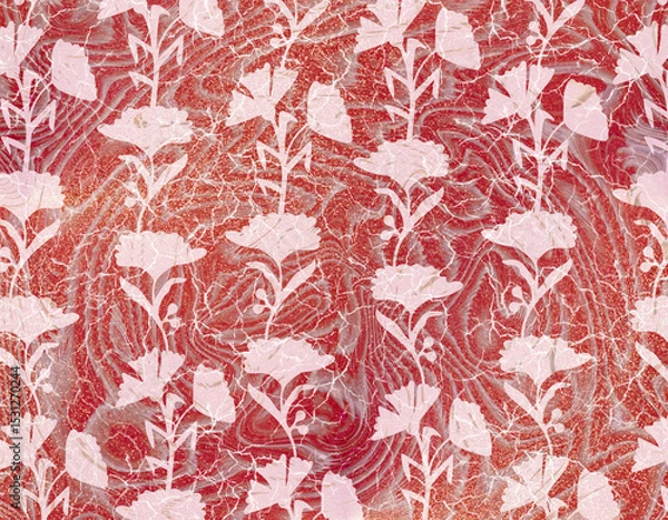 Fototapeta Red Marble Texture with Pink Floral Pattern