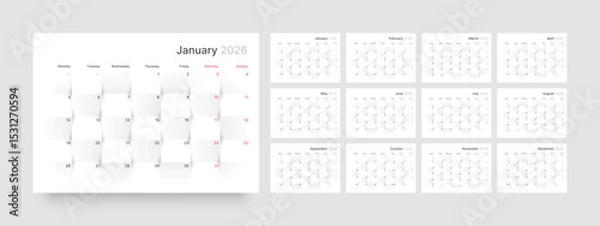Fototapeta Monthly calendar layout for 2026 year. Diary planner for 2026 year. Week Starts on Monday. 