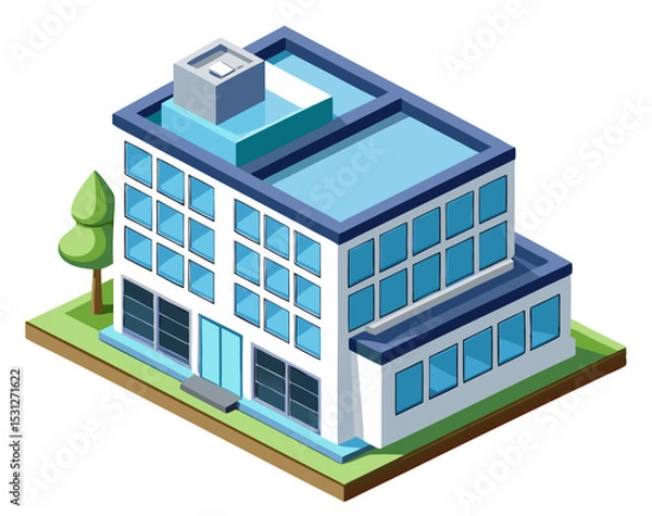 Fototapeta vector of a multi-story office building with glass windows and rooftop HVAC units in isometric view, isolated on white background
