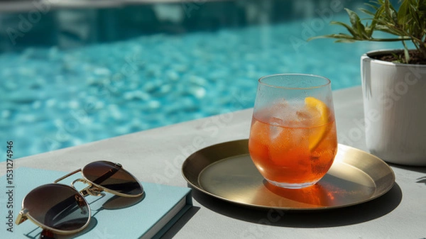Obraz A vibrant cocktail and chic sunglasses evoke summer bliss by the poolside Generative AI