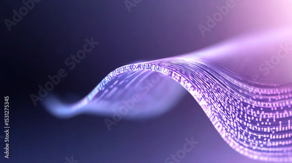 Fototapeta An abstract representation of digital data flow, featuring vibrant purple waves and binary patterns against a dark background.