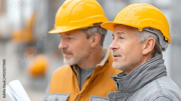 Fototapeta Two construction workers review plans on site, showcasing teamwork and safety in a busy work environment.
