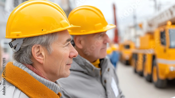 Fototapeta Two construction workers wearing helmets observe the job site, showcasing teamwork and safety in the construction industry.